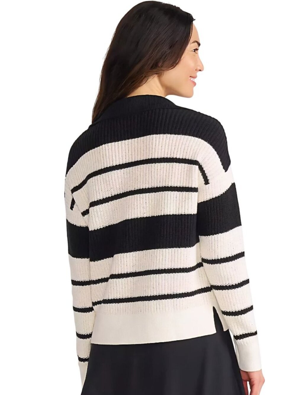 Lands' End Cotton Boucle Johnny Collar Shake Pullover Black Cream 2024 Size M - Picture 4 of 8